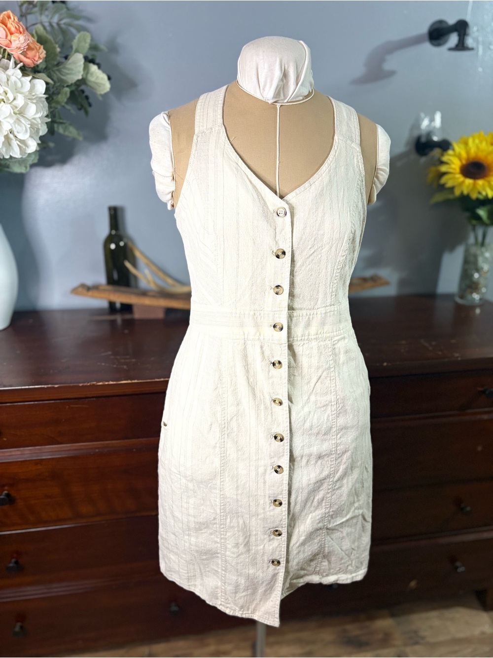Prana Sleeveless Cream Button-Front Summer Dress